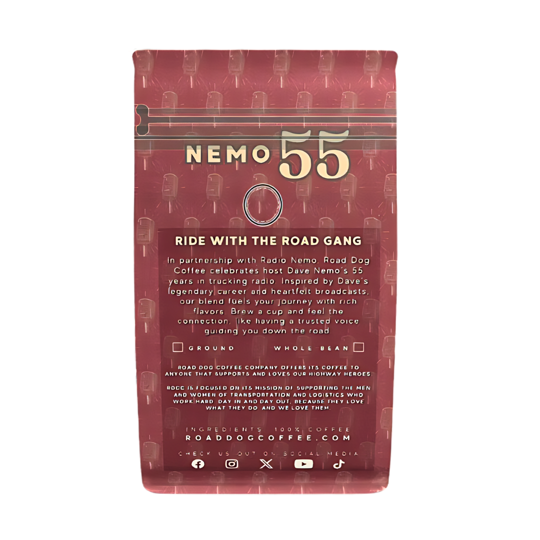Back panel of Nemo 55 coffee honoring Dave Nemo from Road Dog Coffee