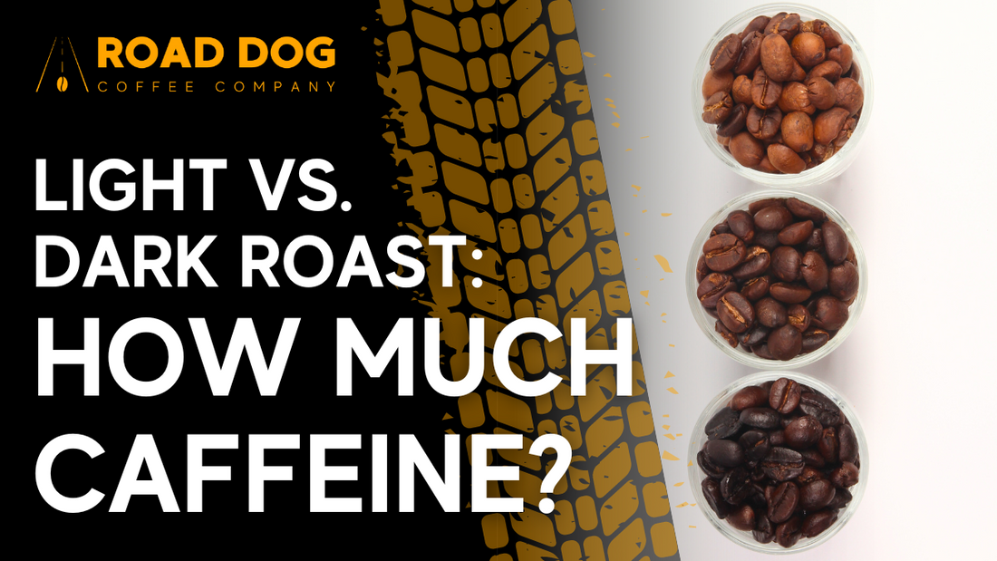 Title card for a blog post by Road Dog Coffee about caffeine content in coffee beans