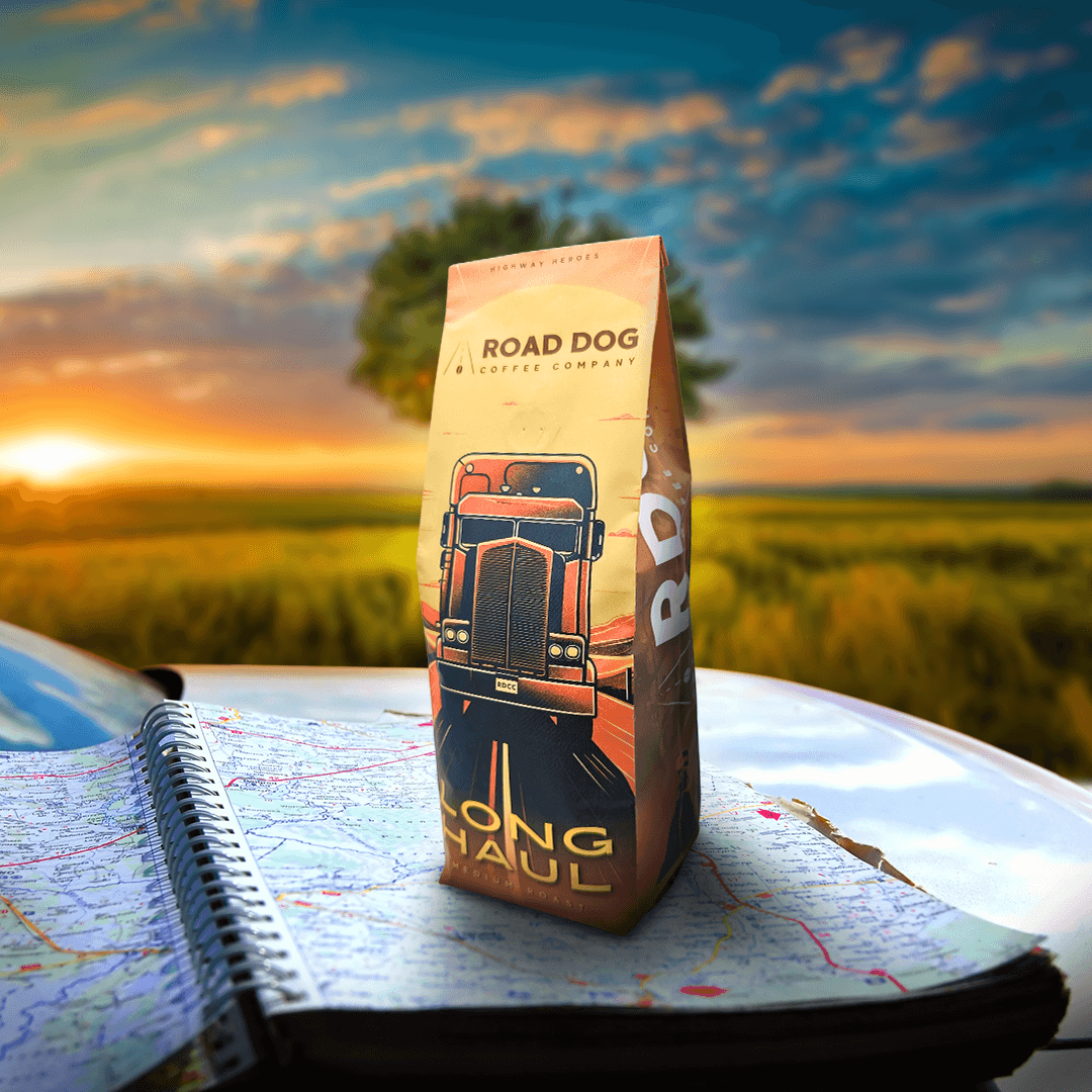 A view of Road Dog Coffee's Long Haul Blend set against an open field