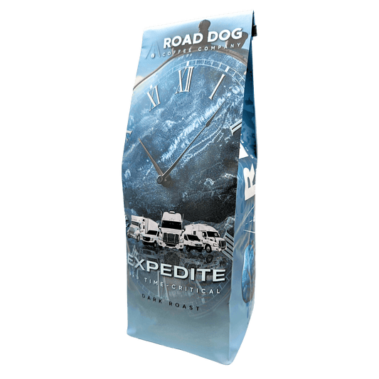 An angled view of Road Dog Coffee's Expedite Blend