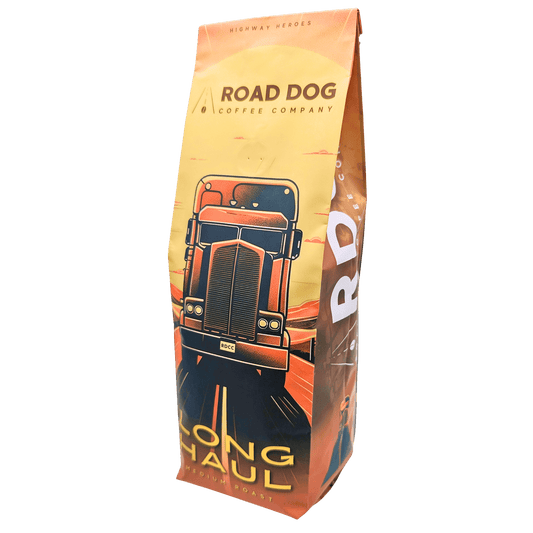 An angled view of Road Dog Coffee's Long Haul Blend