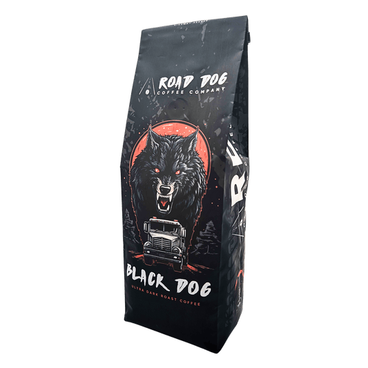 An angled view of Road Dog Coffee's Black Dog Blend