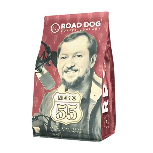 Front image of Nemo 55 coffee honoring Dave Nemo from Road Dog Coffee